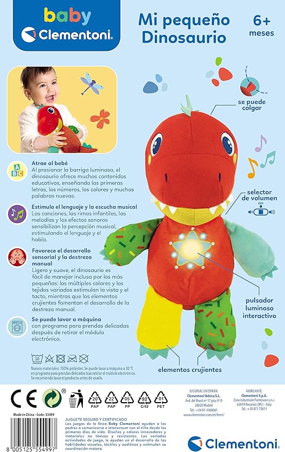 Clementoni, Baby T-Rex Interactive Baby Plush Dinosaur Shape with Interactive Buttons Including Educational Content, Voice and Songs, Baby Plush 6 Months, Toy in Spanish (55499)