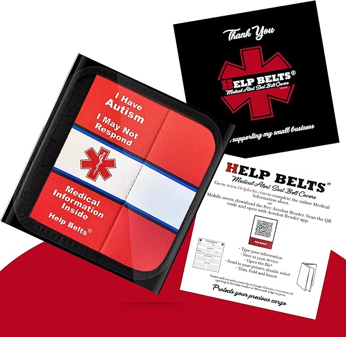 Autism/May Not Respond Awareness Medical Alert Seatbelt Cover for Kids and Adults with Emergency Information Form and Pocket by Help Belts (Red, 6 Inch Car Seat)