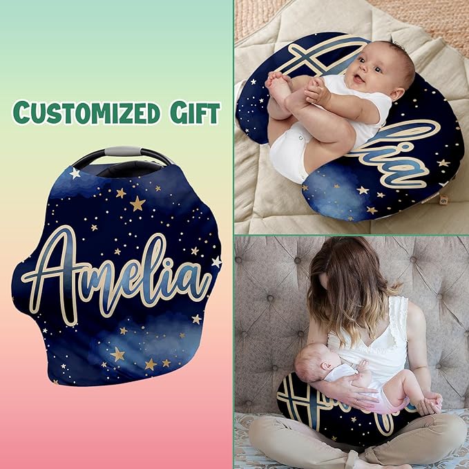 Personalised Car Seat Cover for Babies - Multi-use Carseat Canopy Cover with Name, Dark Blue Star Car Seat Covers, Christmas Birthday Gifts for Infant Boys and Girls