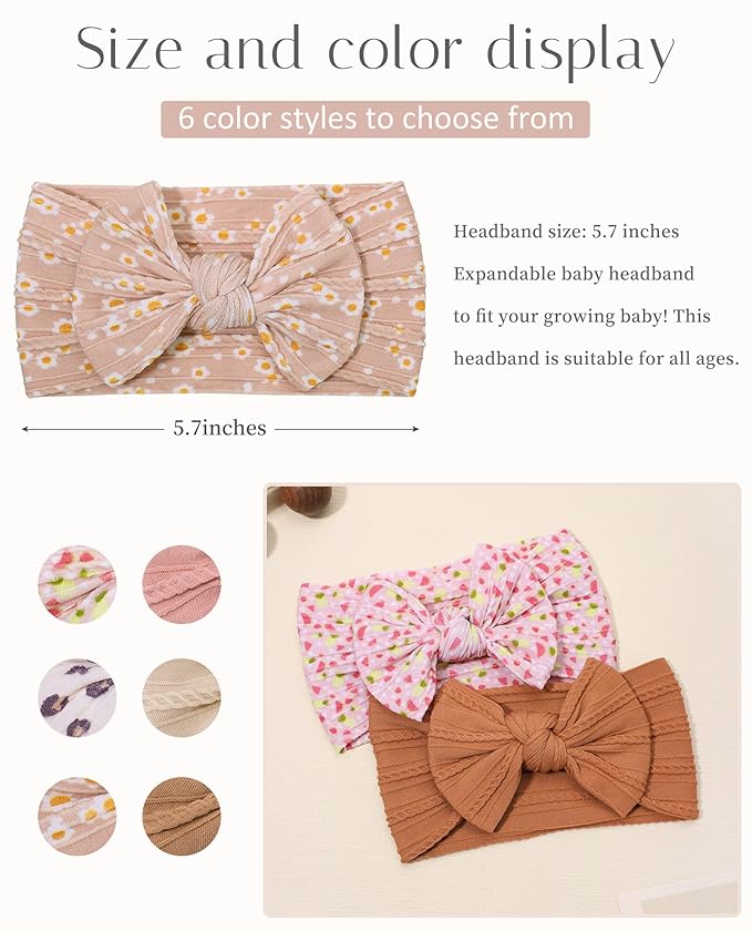 jollybows 6pcs Baby Nylon Headbands Hair Bow Elastics Hairbands Hair Accessories for Baby Girls Newborn Infant Toddlers Kids (Upgrade patterns colors)