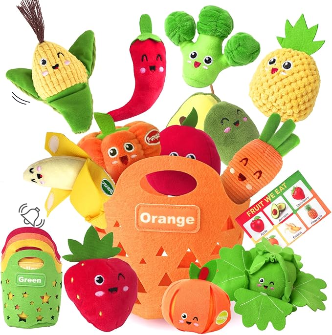 Baby Color Sorting Sensory Toys for 6-12 Months - 17 PCS Fruit Veggie Pretend Play Food Plush Toy for Toddlers 1-3, Montessori Toys for 1 Yeal Old, Boy Girl Birthday Gift Basket Stuffers