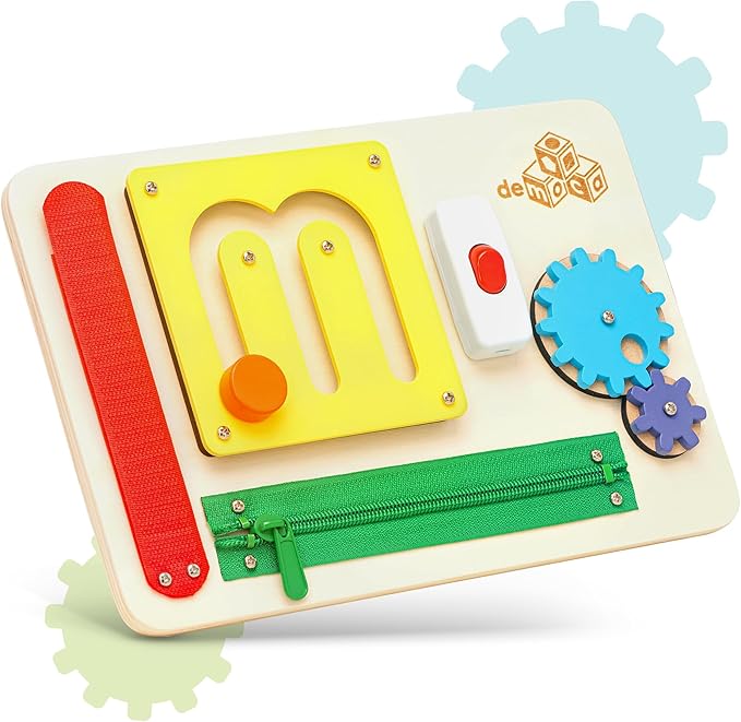 deMoca Sensory Busy Board for 1 Year Old, Travel Wooden Montessori Busy Board for Toddlers 1–3, Switch and Fidget Activity Board for Early Motor Skills and Travel Play