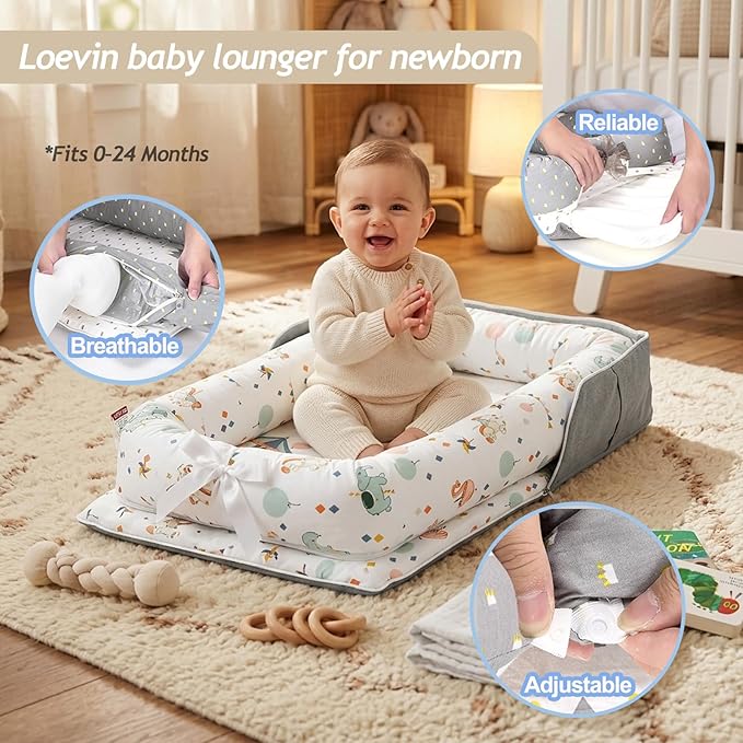 Baby Lounger for Newborn for Tummy Time,Baby Lounger Play Gym mat with Portable Bag,Awake-Time Newborn Babies Essentials Gifts 0-24 Months Home Travel(Carousel)