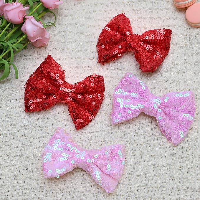 Valentines Red Hair Clip, 4pcs Pink Red Bow Hair Accessories for Little Teen Girls Toddler Kids, Sparkly Bows Toddler Glitter Hair Clips Alligator Clips, Back to School