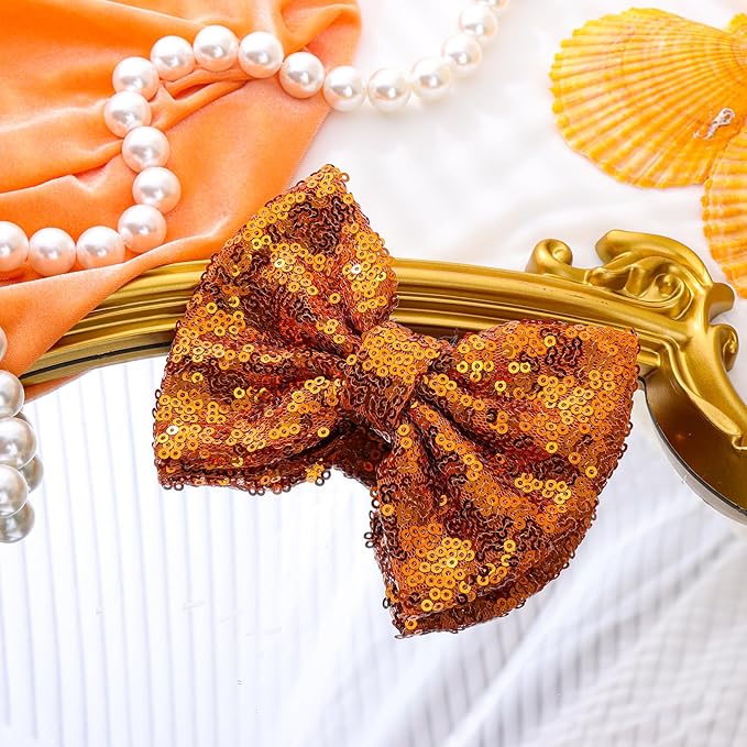 Hair Bows: Sequined Alligator Hair Clips with Big 5" Orange Bows for Girls, Babies, Toddlers, and Teens
