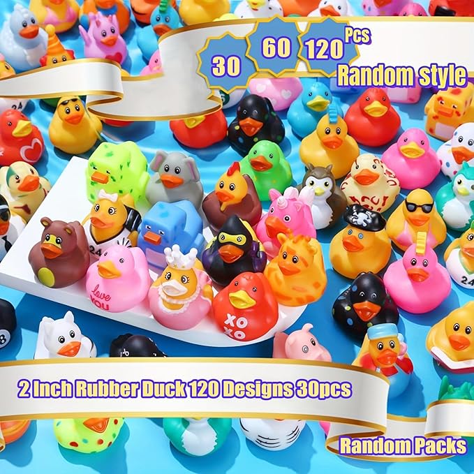 LINICE 30 Pcs Rubber Ducks, Random Assortment Ducks Bulk, Mini Rubber Duckies for Toddler Baby Bath Toys, Kids Bath Pool Toys Birthday Gifts Party Favors