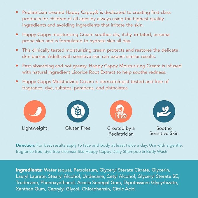 Happy Cappy Moisturizing Cream - Baby Cream for Eczema-Prone Skin, Lotion for Infants, Kids, Pediatrician-Formulated, Gentle, Paraben Free, Hypoallergenic, Sulfate Free, Soothes Dry Skin - 6 fl oz