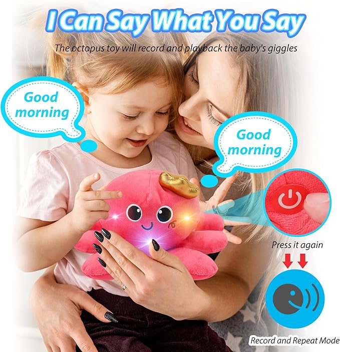 Musical Octopus Baby Toy - Crawling & Rotating Octopus Toy with Recording, Light-Up Voice Control, Clap Hands Awake for 2-6 Year Old Boys and Girls, Tummy Time Sensory Toy