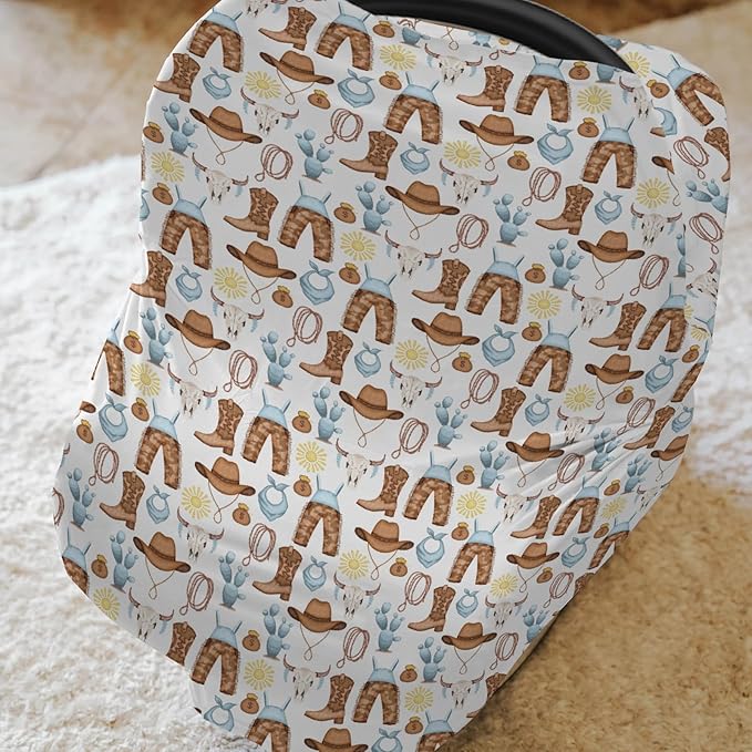 Blue Western Cowboy Baby Car Seat Covers for Boy Cute Cowboys Boots Hat Horse Cactus Sun Cow Skulls Stretchy 5-in-1 Cover Country Adjustable Car Canopy Cover Wild West Breathable Nursing Cover-Up