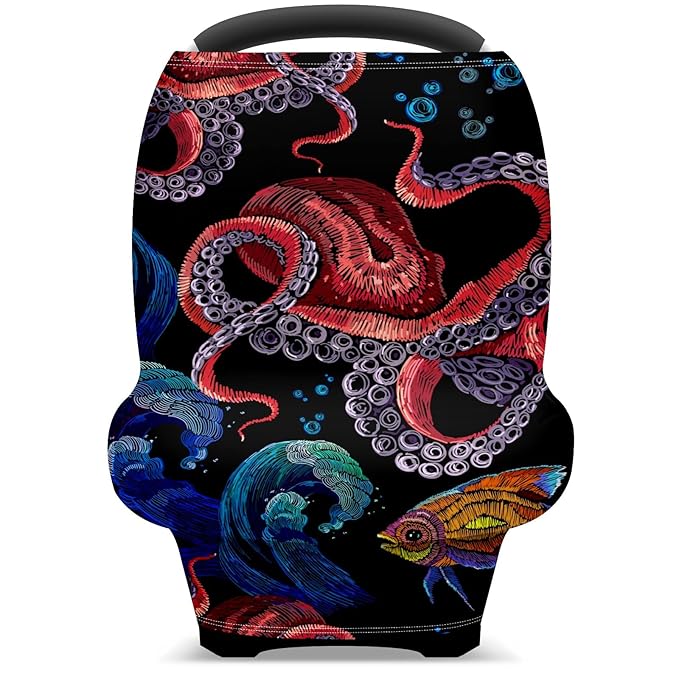 Baby Car Seat Stroller Covers Ocean Octopus Waves Fish Nursing Cover Breastfeeding Scarf Soft Breathable Stretchy Infant Car Canopy Coverage Carseat Cover for Boys and Girls Multi Use