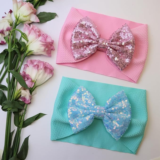 7'' Sequin Baby Headbands, Pink Big Bows for Baby Girls - Soft Stretchy Newborn Bows, Infant to Toddler Hair Accessories, 0-6Months Blue Light Pink