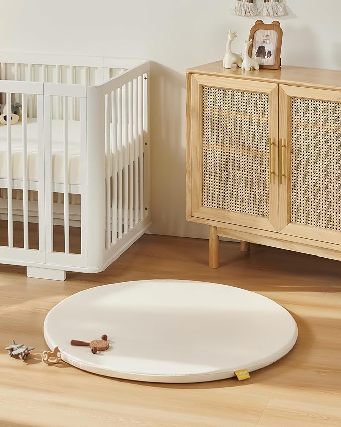39" Round Baby Mat for Floor, Hypoallergenic Vegan Leather Cover Foam Play Mat for Nursery, Easy to Wipe Clean & Waterproof, Thick Playmat for Infants and Toddlers, 1 Storage Strap Included