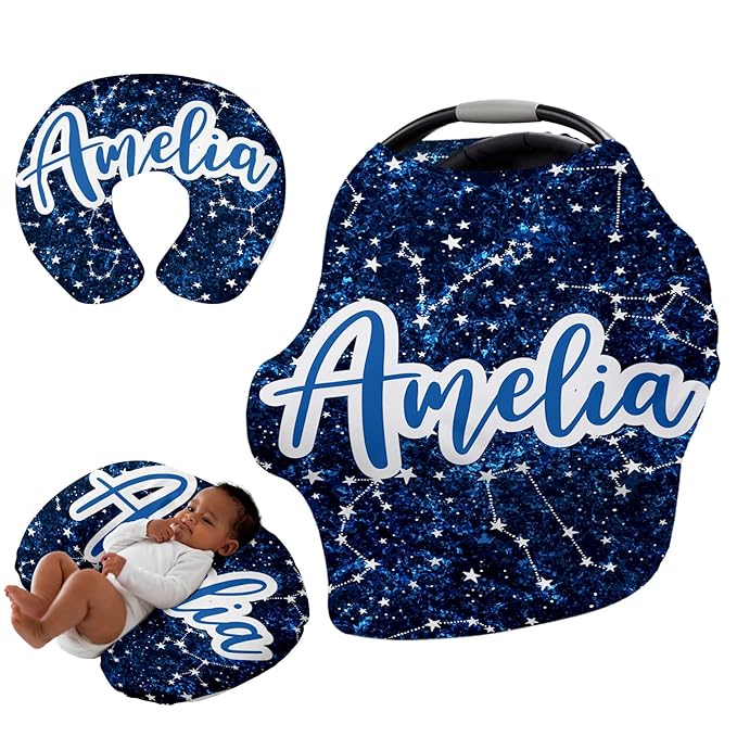 Personalised Car Seat Cover for Girls and Boys - 7 in 1 Multipurpose Blue Print Breast Feeding Cover, Nursing Cover, Grocery Cart Cover - Birthday Gift for Babies