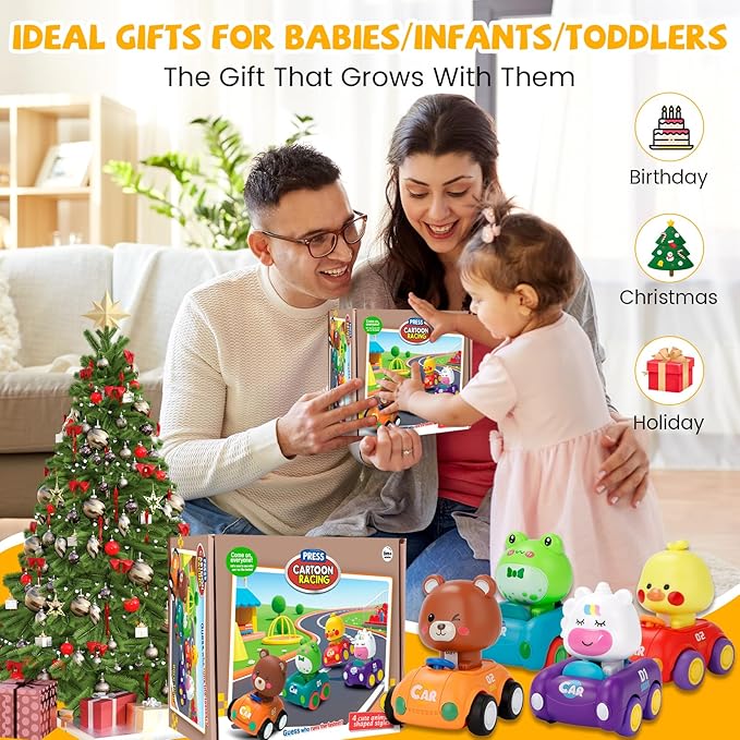 Press and Go Car Toys for Toddlers 1-3, 4 Pack Friction Powered Baby Push Cars, Infant Play Vehicle Set for 6-9-12-18 Months, 1st Birthday Gifts for 1-2 Year Old Boys Girls