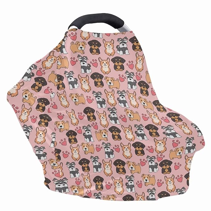 GIFTPUZZ Cute Dogs Stretchy Car Seat Cover for Babies, Nursing Cover Breastfeeding Cover, Soft Breathable Infant Carseat Canopy, Shopping Cart Cover, Baby Shower Gifts for Boys and Girls
