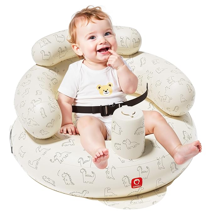 QPAU Inflatable Baby Seat with Safety Harness for Babies 3 Months & Up, Baby Floor Seats for Active Play, Blow Up Baby Chair with Built in Air Pump (Dinosaur)