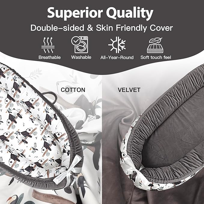 Baby Lounger-Breathable and Soft Organic 100% Cotton, Portable Infant Lounger with Removable Lounger Cover, Baby Nest Lounger for Newborn - Grey Panda