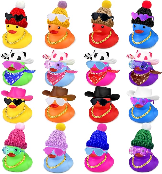 16Set 64PCS Mini Duck Toys Bulk Decoration with Hat Scarf Necklace Sunglasses Cute Tiny Duck Figurines for Kids Teens Birthday Baby Shower Swimming Pool Party Favors Classroom Prizes