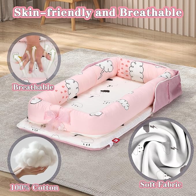 Baby Lounger for Newborn-Portable Baby Lounger 0-24 Months for Home and Travel,Newborn Loungers with Strap, Baby Nest Lounger Adjustable Size,Raindrop Clouds