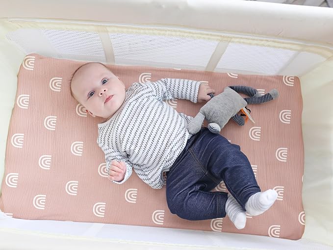 Meracorallo Muslin Mini Crib Sheet, Pack n Play Fitted Sheet, Soft and Breathable Pack and Play Playard Mattress Sheet for Baby Boys and Girls, Rainbow