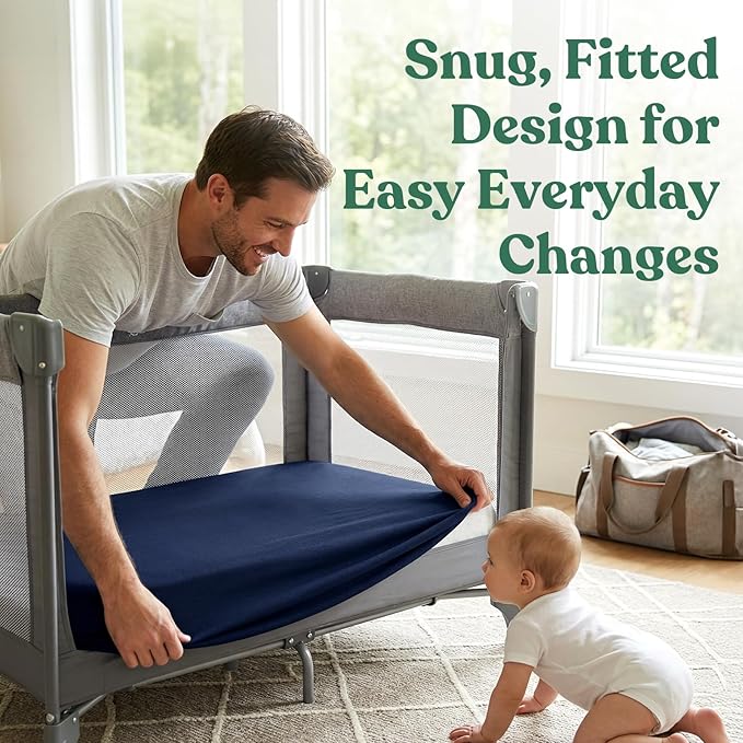 Graco Pack n Play Sheets, Soft Fitted Playard Sheets with Secure Fit, Fit Standard 27" × 39" Playard Mattresses, Breathable & Gentle on Sensitive Skin, 2-Pack (Navy & Grey)