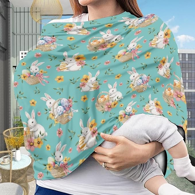 Wanyint Infant Car Seat Cover Stretchy Nursing Scarf Car Seat Canopy Shopping Cart Cover High Chair Cover Protect Babies Breastfeeding Mothers, Easter Rabbit Eggs Basket Flower Teal