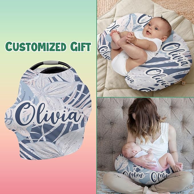 Personalised Car Seat Cover for Girls and Boys - 7 in 1 Multipurpose Breast Feeding Cover, Nursing Cover, Grocery Cart Cover - Birthday Gift for Babies Blue Leaf Pattern