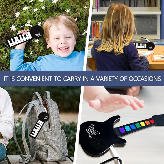 Mini Roll up Silicone Musical instuments Real Playable Keychain Toy Set Thumb On-Off Music Fidget Toy Guita Piano Jazz Drum Mini Stuff for Adults Kid Music Lover