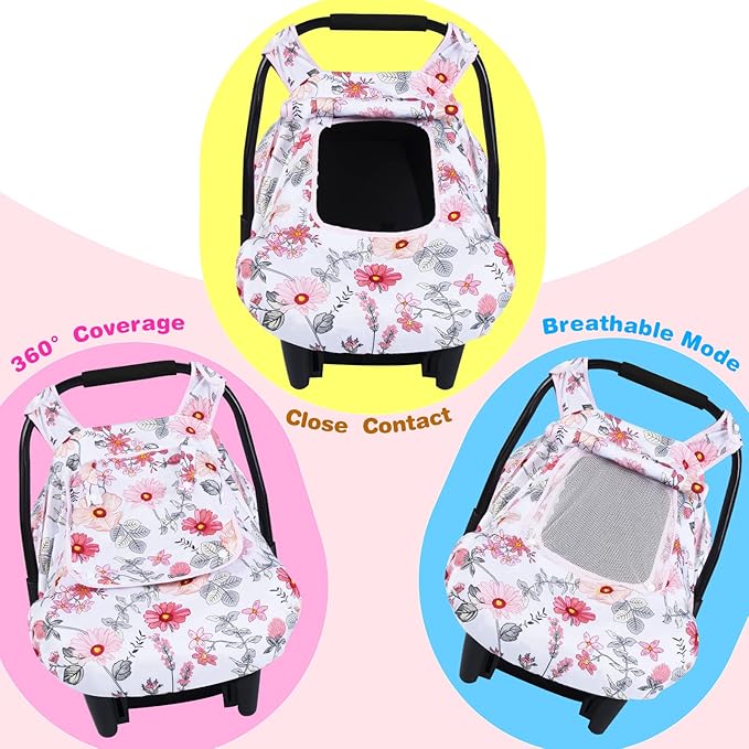 SMTTW Baby Car Seat Covers, Infant Car Canopy for Spring Summer Autumn Winter, Universal Fit, Snug Warm Breathable, Car Seat Canopy for Boys Girls (Pink Flower)