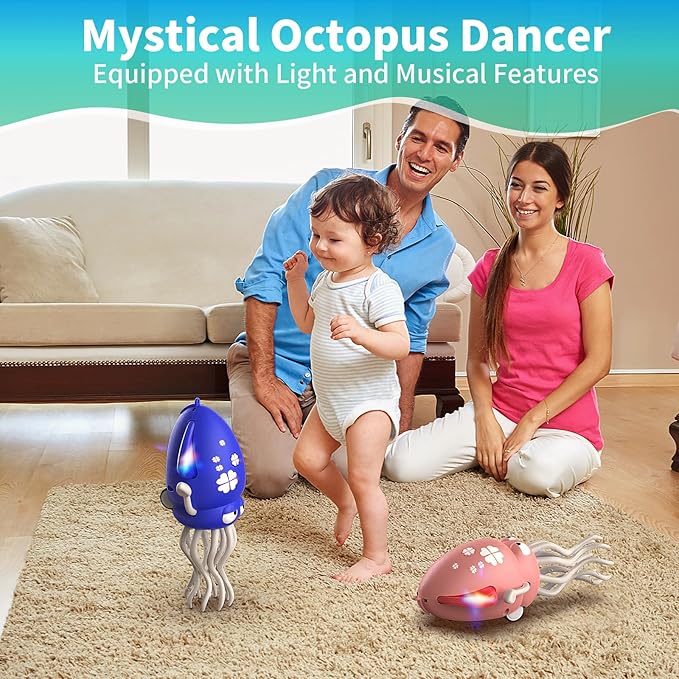 Interactive Dancing Octopus Toy,LED Light-Up Music Crawling Squid with Smart Obstacle Avoidance & Fishing Rod,Tummy Time Baby Toy (Blue)