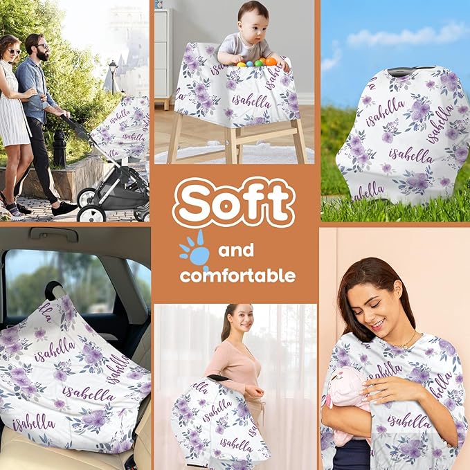 Personalized Baby Car Seat Cover Stroller Canopy: Custom Name Newborn Baby Girl Elastic Purple Flowers Nursing Cover for Moms First Birthday Gift(one Size)