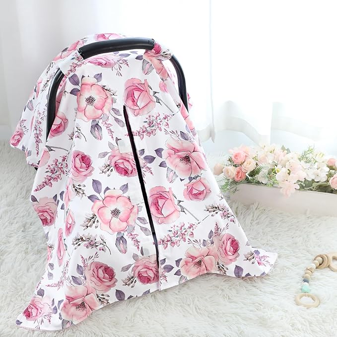 Car Seat Cover Baby, Infant Car Seat Insert, Peekaboo Opening Carseat Covers Baby, Universal Car Seat Canopy Cover & Nursing Cover, 360° Full Coverage Sun & Wind Protector, Floral