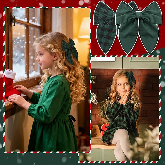 Large Christmas Hair Bows, 4 Pcs Red Green Plaid Fable Hair Bows Cotton Christmas Hair Accessories for Girls Toddler Kids