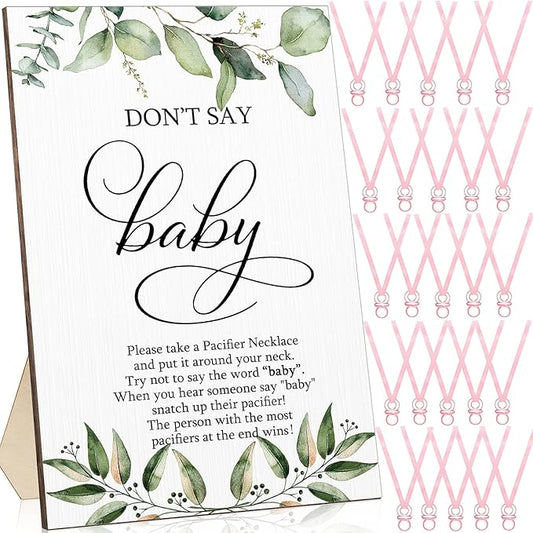 Geetery 51 Pcs Don't Say Baby Game Sign Greenery Cool Baby Shower Game 50 Pacifier Necklace Wooden Don't Say Sign Plastic Pacifier Party Favor for Gender Reveal(Greenery,Pink)