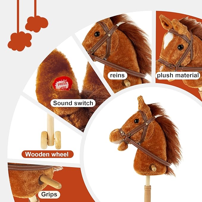 Stick Hobby Horse Riding Toy, Plush Stick Horse for Toddlers Ages 3+, Horses Ride on Toy Fun Pretend Play with Wooden Wheels and Real Pony Clip-Clop Sounds 39 Inches-Light Brown