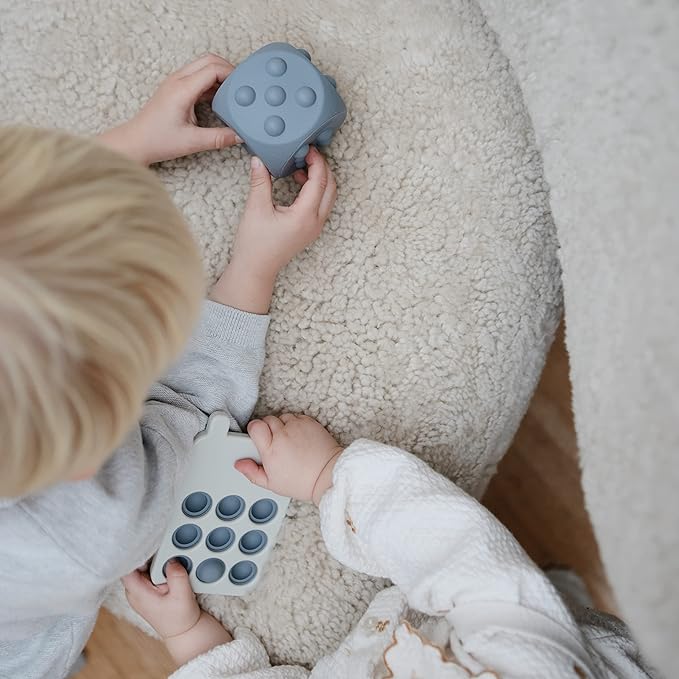 mushie Silicone Dice Press Toy | Baby Sensory Play for 10+ Months (Tradewinds/Stone)