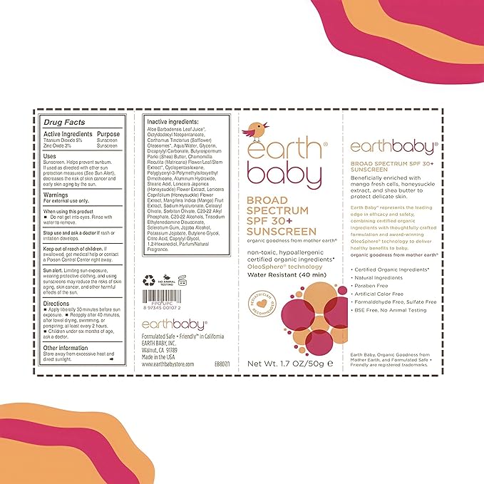 Earth Baby Broad Spectrum SPF 30+ Sunscreen, Reef Safe, Water-Resistant, UVA/UVB Protection, Hypoallergenic for Sensitive Skin, Natural and Organic, For Babies Toddlers and Kids, , 1.7 Fl Oz