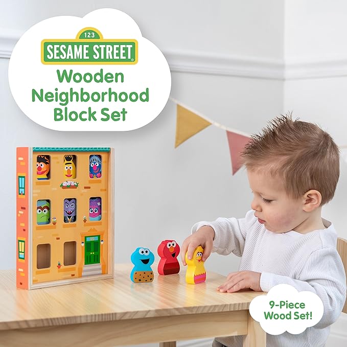 Kids Preferred Sesame Street Wooden Neighborhood Block Set with Storage Case, Toddler Sorting and Matching Blocks