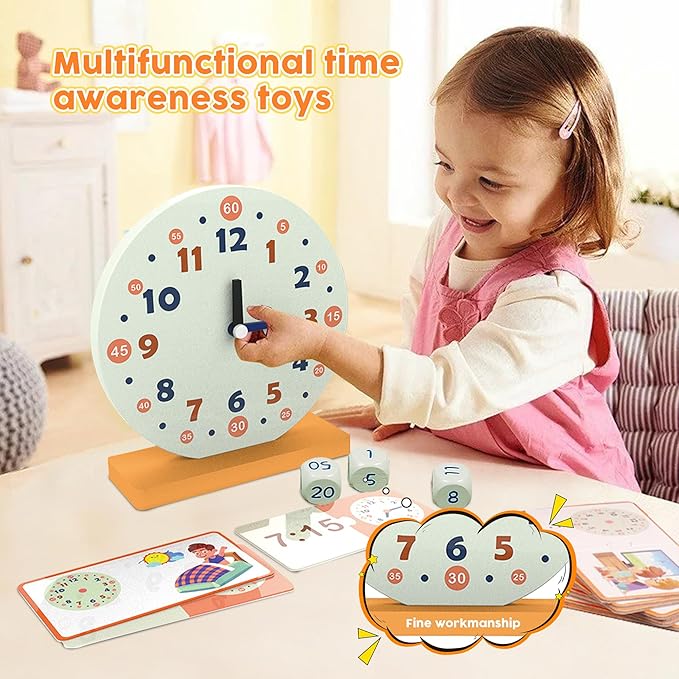 Wooden Toys for Learning Clock Game Set - 29 Piece,Learning Clocks for Kids, Clocks and Time Teaching Aids for Pen Included, Homeschool Supplies-Telling Time Teaching Clock for Kids Ages 3+