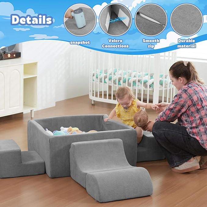 STAOLENE Soft Foam Climbing Blocks with Ball Pit, 6PCS Grey Indoor Climbing Toys for Toddler, Climb and Crawl Activity Play Set, Play Gym for Child Development (Balls not Included)