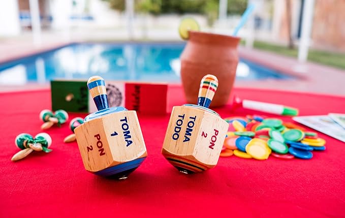 Pirinola Toma Todo Set – Wood Spinning Top Game – Set of 2 - Party Games for Mexican Fiesta, Bachelor Parties or Baby Shower, 4 Inches Tall.