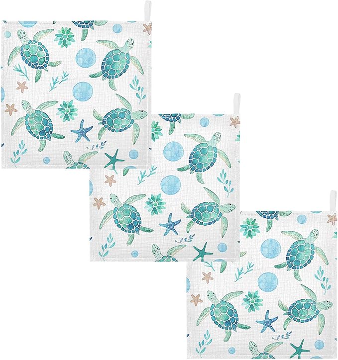 Burbuja Watercolor Sea Turtle Baby Washcloths - Muslin Cotton Soft Absorbent Baby Towel for Newborn Baby Sensitive Skin - Baby Essential Item, 12x12 in, 3 Pack