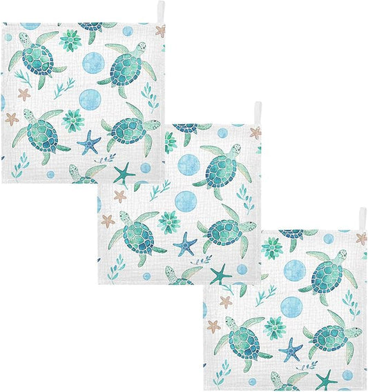 Burbuja Watercolor Sea Turtle Baby Washcloths - Muslin Cotton Soft Absorbent Baby Towel for Newborn Baby Sensitive Skin - Baby Essential Item, 12x12 in, 3 Pack