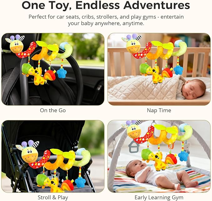 Carseat Toys Hanging for Babies 0-6-12 Months, Crib Toy Hanging Plush Spiral Car Seat Toy, with Rattle, Teether & Mirror, Stroller for Baby Boys & Girls, Infant Car Seat Toys