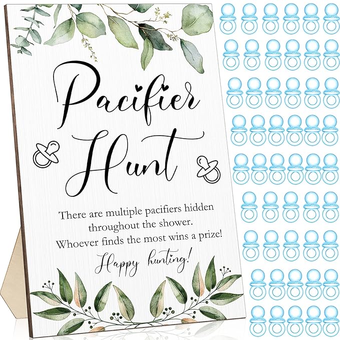 Roowest 51 Pcs Pacifier Hunt BabyShower Games Include Wooden Hunt Sign and 50 Acrylic Mini Plastic Pacifiers for BabyShower Game Decoration Gift Sets Gender Reveal Party