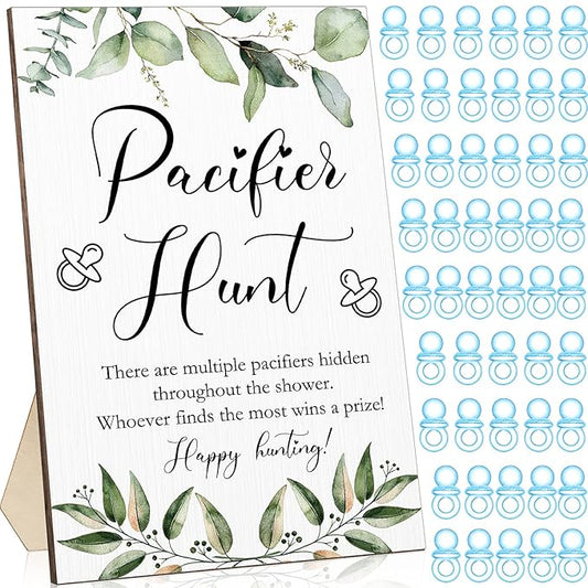 Roowest 51 Pcs Pacifier Hunt BabyShower Games Include Wooden Hunt Sign and 50 Acrylic Mini Plastic Pacifiers for BabyShower Game Decoration Gift Sets Gender Reveal Party