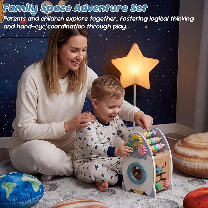 Wooden Space Rocket Activity Cube Toys for Baby, Montessoritoys for 2 3 Year Old Boy & Girl Birthday Gifts, Sensory and Educational Birthday Gifts, Busy Board Toys for Baby Boy