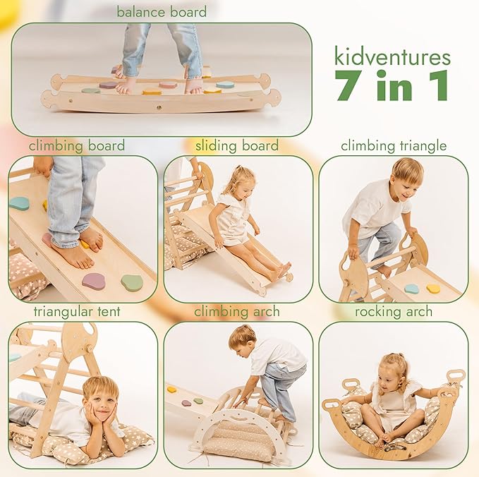 Goodevas 5-in-1 Toddler Climbing Toys Indoor Set - Pikler Triangle, Climbing Arch, Balance Cushion, Montessori Climbing Gym for Toddlers 1-3, Foldable Wooden Baby Activity Center, Jungle Gym for Kids