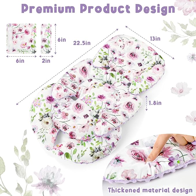 Infant Car Seat Insert Head and Body Support, GFU Reversible Newborn Insert for Carseat With Strap Pads, Soft Stroller Cushion Pillow Insert for Boys and Girls, Fits for Stroller, Swing, Purple Flower