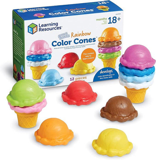 Learning Resources Smart Snacks Rainbow Color Cones - Ice Cream Toy Scoop, Sensory Play Food, Fine Motor for Toddlers, Color Sorting and Stacking , Montessori Kitchen, Preschool Activities